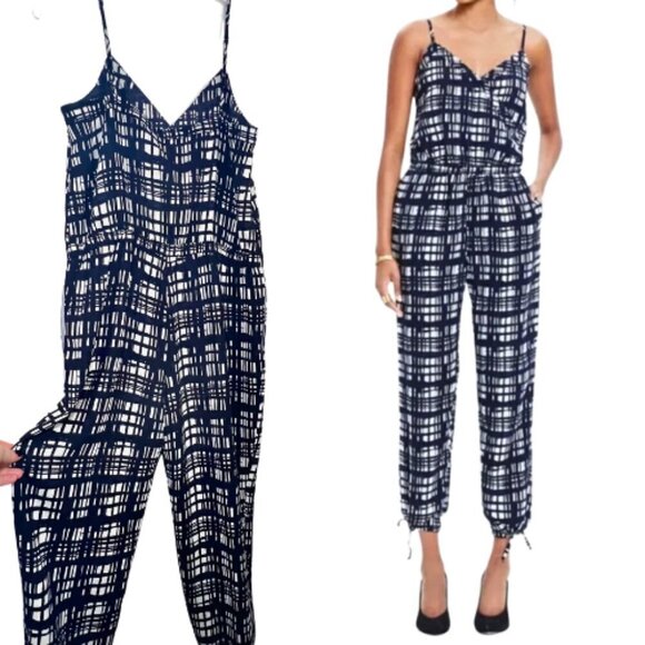 MADEWELL Navy & White Brushstroke Plaid Faux Wrap Cami Jumpsuit Size M - Picture 1 of 12